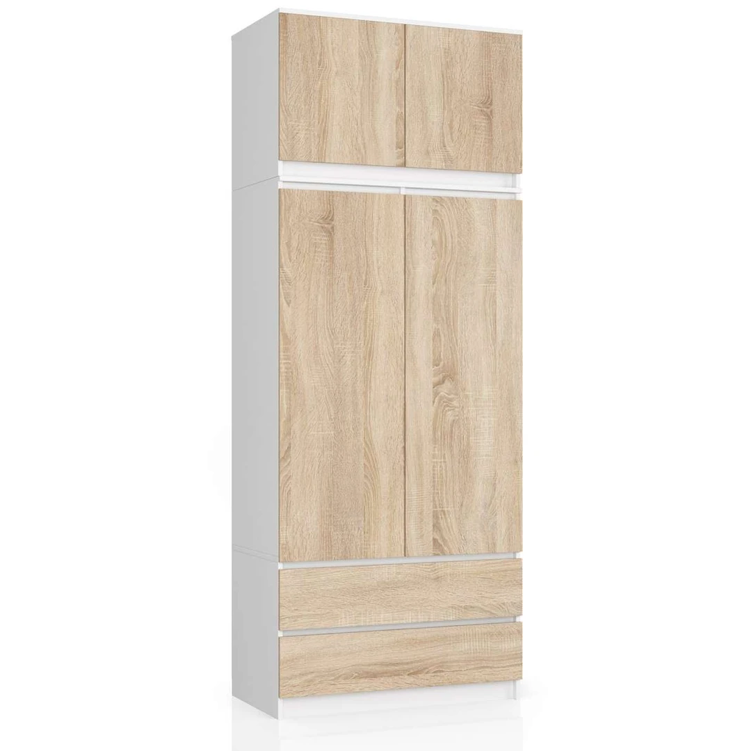 Spinta AKORD S 90, 2 stalčiai, baltos/ąžuolo spalvos, 90 × 234 × 51 cm - Spintos, spintelės