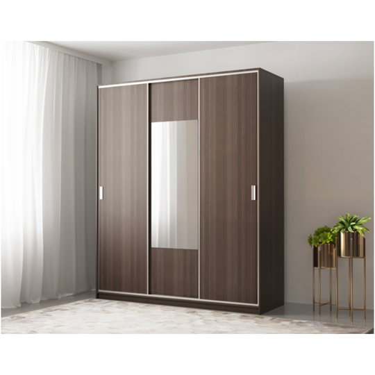 Didelė trijų durų spinta su veidrodžiu ir stumdomu mechanizmu