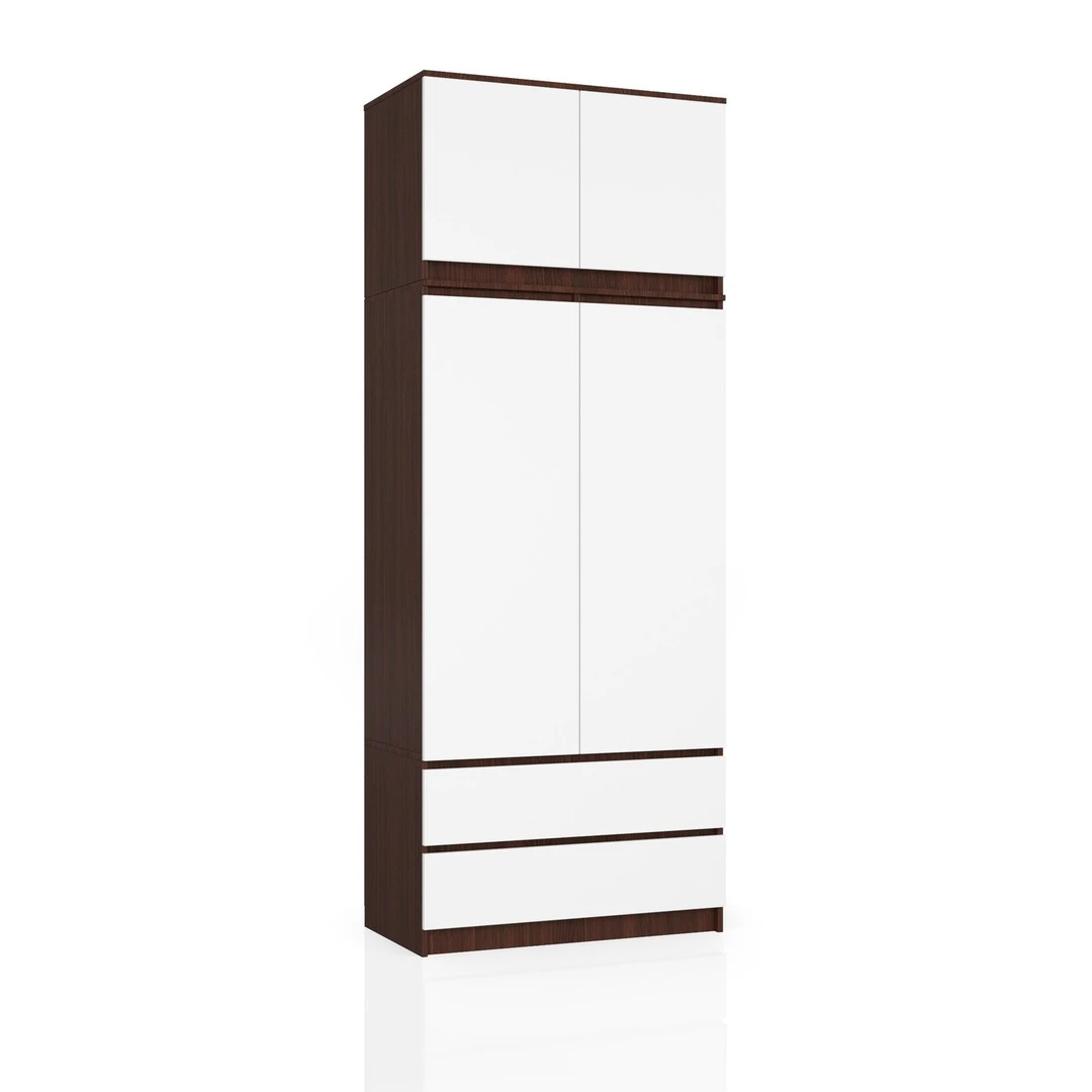 Tamsiai ruda ir balta spinta S 90 cm su durelėmis ir stalčiais