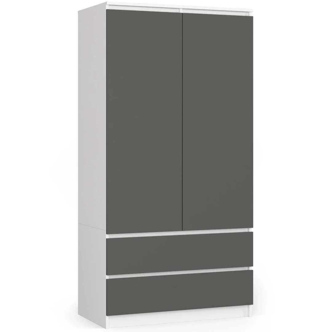 Spinta S90, 2 durys ir 2 stalčiai, baltos/pilkos spalvos, 90 × 180 × 51 cm - Spintos, spintelės