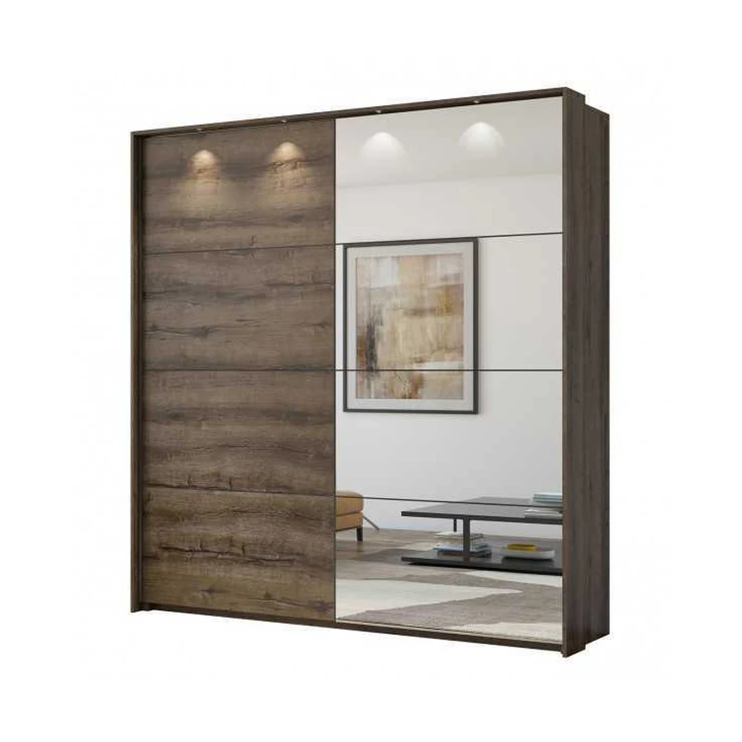 Stilingas stumdomų durų spinta su veidrodžiu ir LED apšvietimu