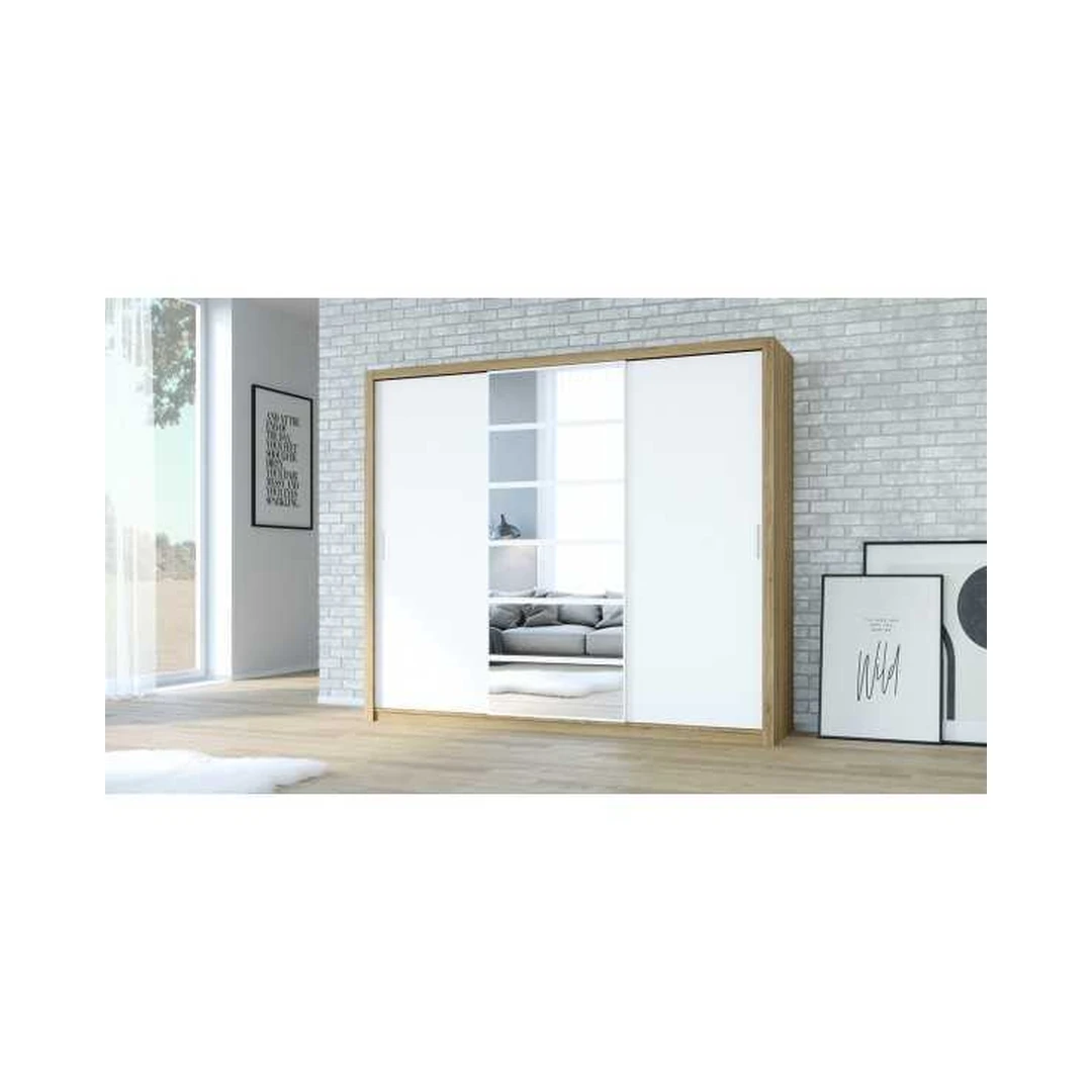 Erdvūs stumdomų durų spintos su veidrodžiu ir auksiniu ąžuolu