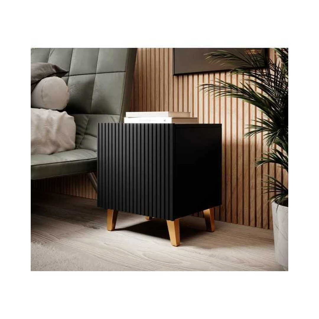 Moderni juoda matinė spintelė su aukso kojomis