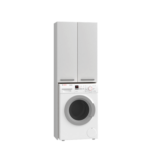 Dviejų durelių balta spintelė virš skalbimo mašinos