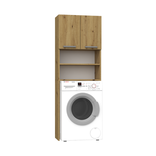 Dviejų durelių spintelė virš skalbimo mašinos su atviromis lentynomis