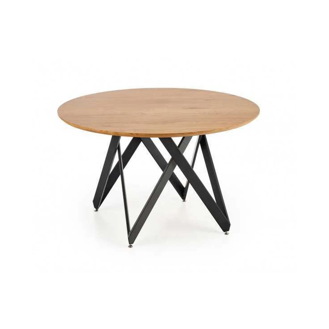 Apvalus auksinio ąžuolo stalas su juodu plieniniu pagrindu