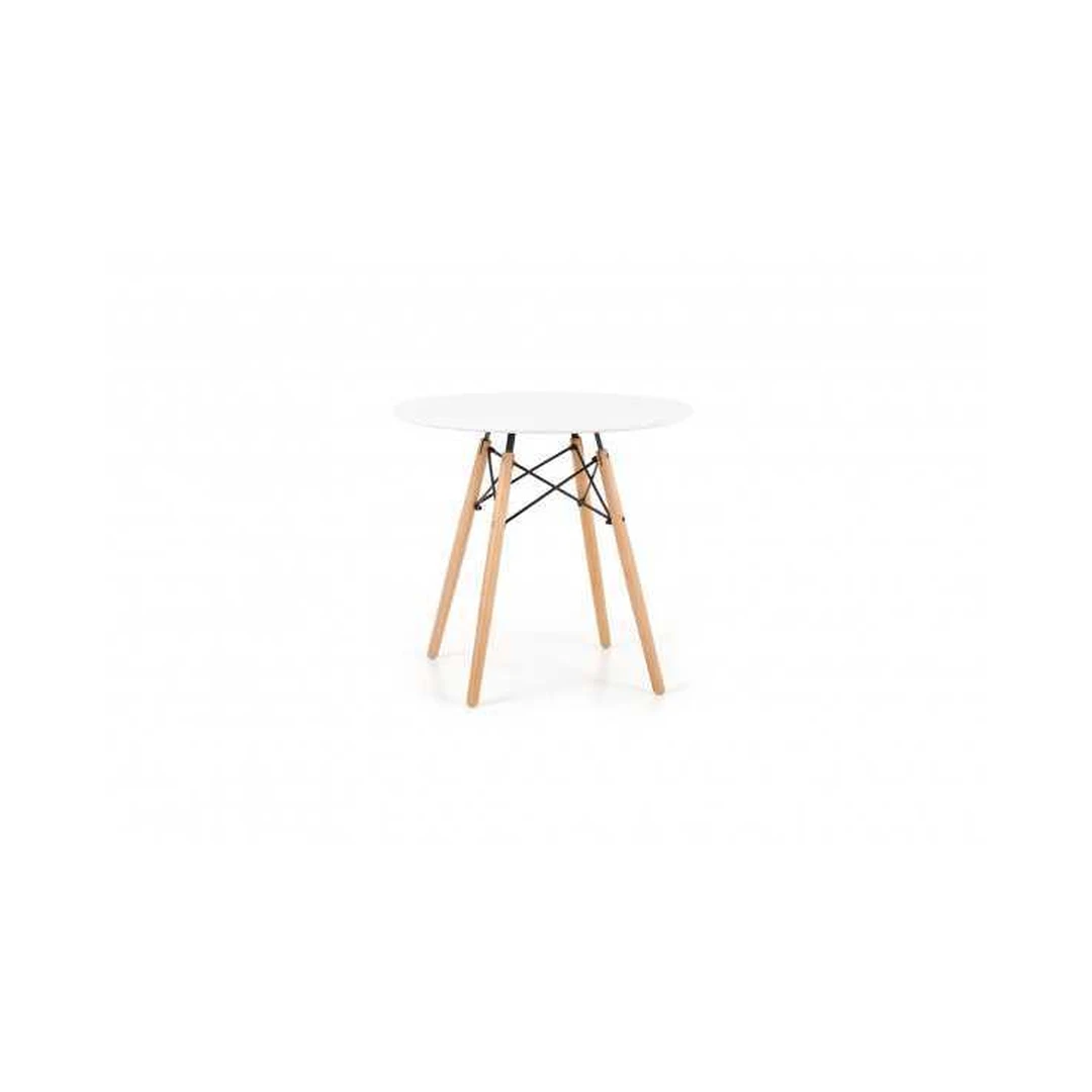 Apvalus valgomasis stalas su baltu MDF stalviršiu ir medžio kojomis