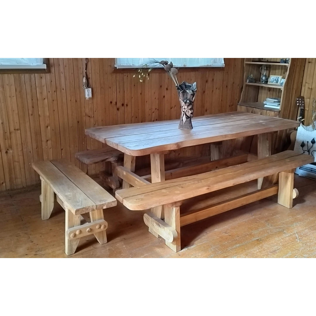 Azuolo masyvo stalas 220x80 cm su 3 suolais