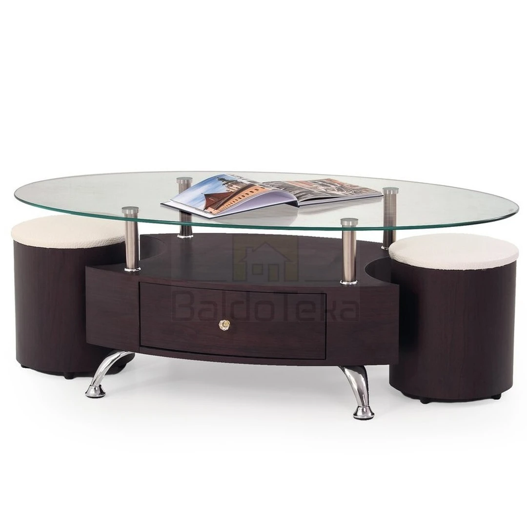 Elegantiškas staliukas su 2 pufais, grūdintu stiklu