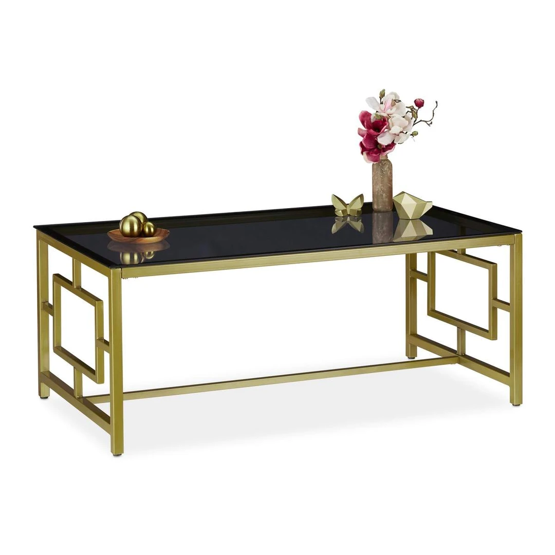 Stiklinis kavos staliukas Relaxdays 10026797.0, auksinė/juoda, 110 × 45 × 60 cm - Žurnaliniai (kavos) staliukai