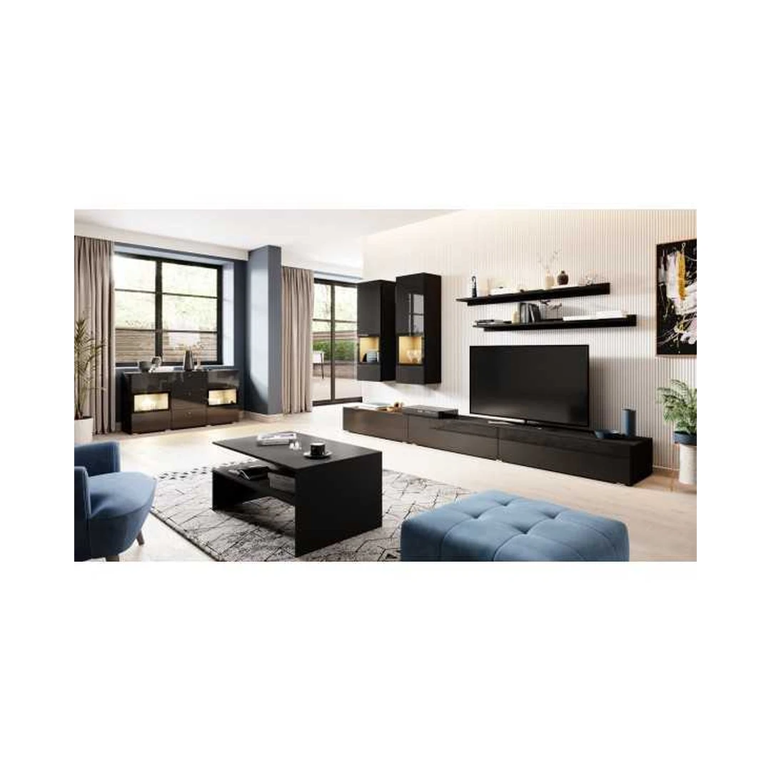 Modernus juodos spintelių ir lentynų rinkinys su LED apšvietimu