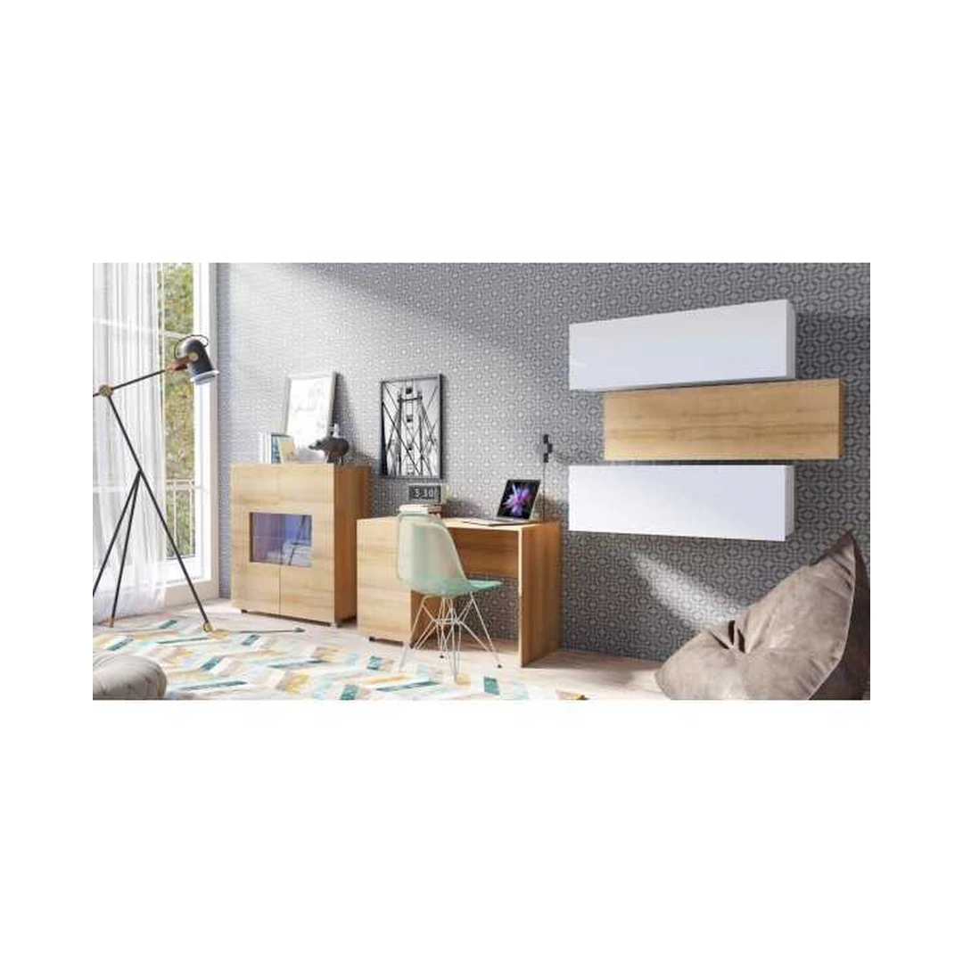 Pakabinamos lentynos ir komodos rinkinys su LED apšvietimu