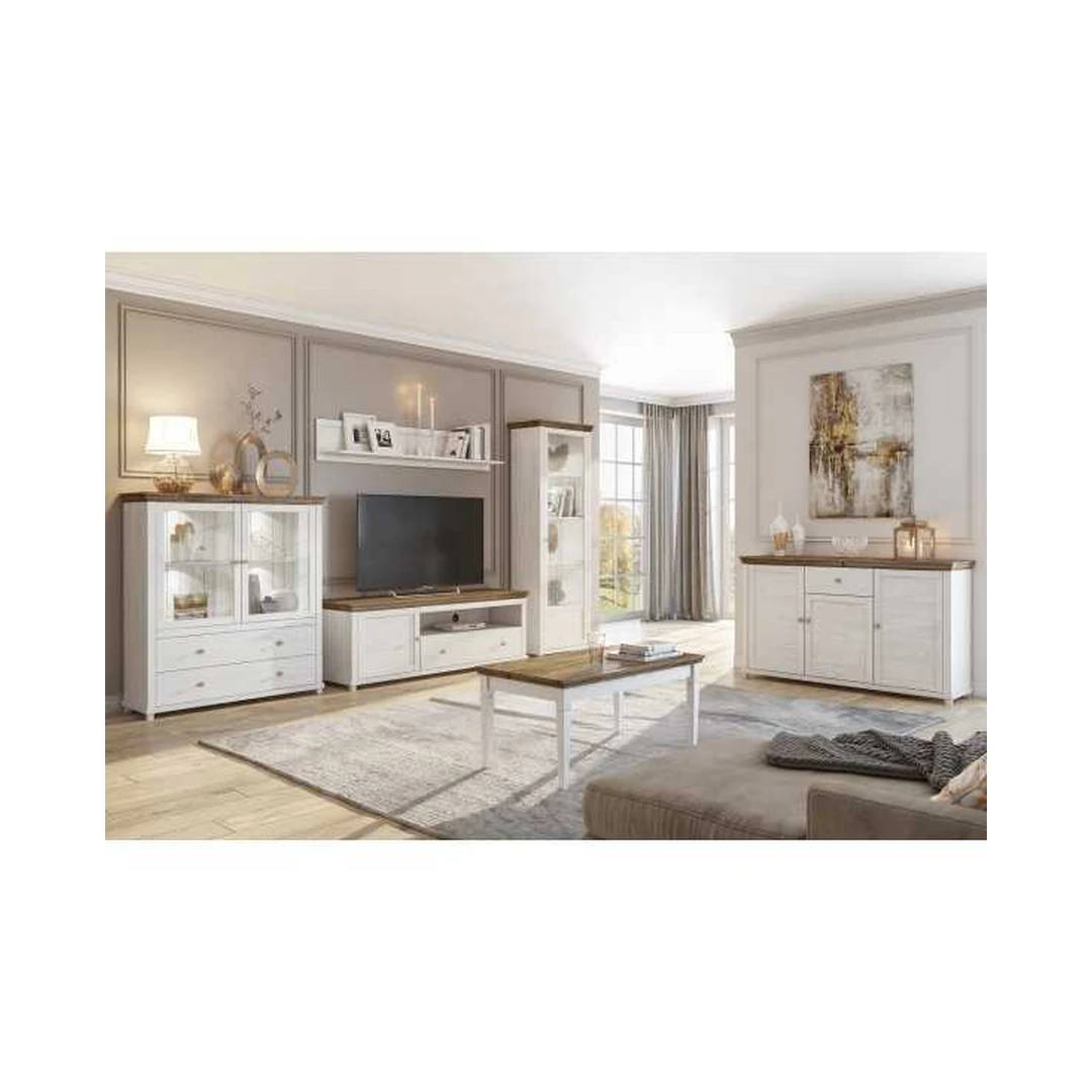 Modernus baldų rinkinys su lentyna, indauja, RTV spinta ir komodomis