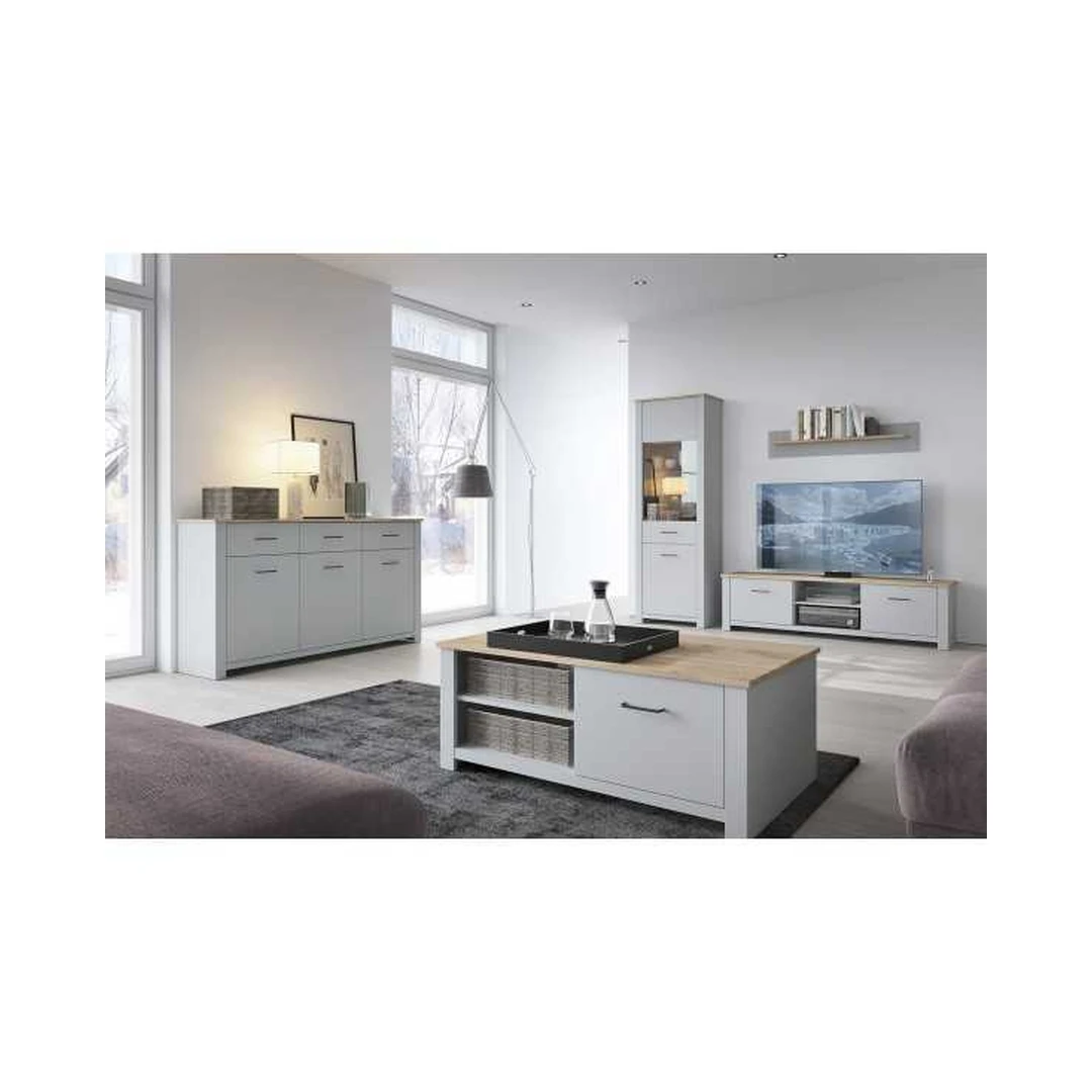 Šviesiai pilka sekcija GREY 1 PI su komoda, indauja ir TV staliuku