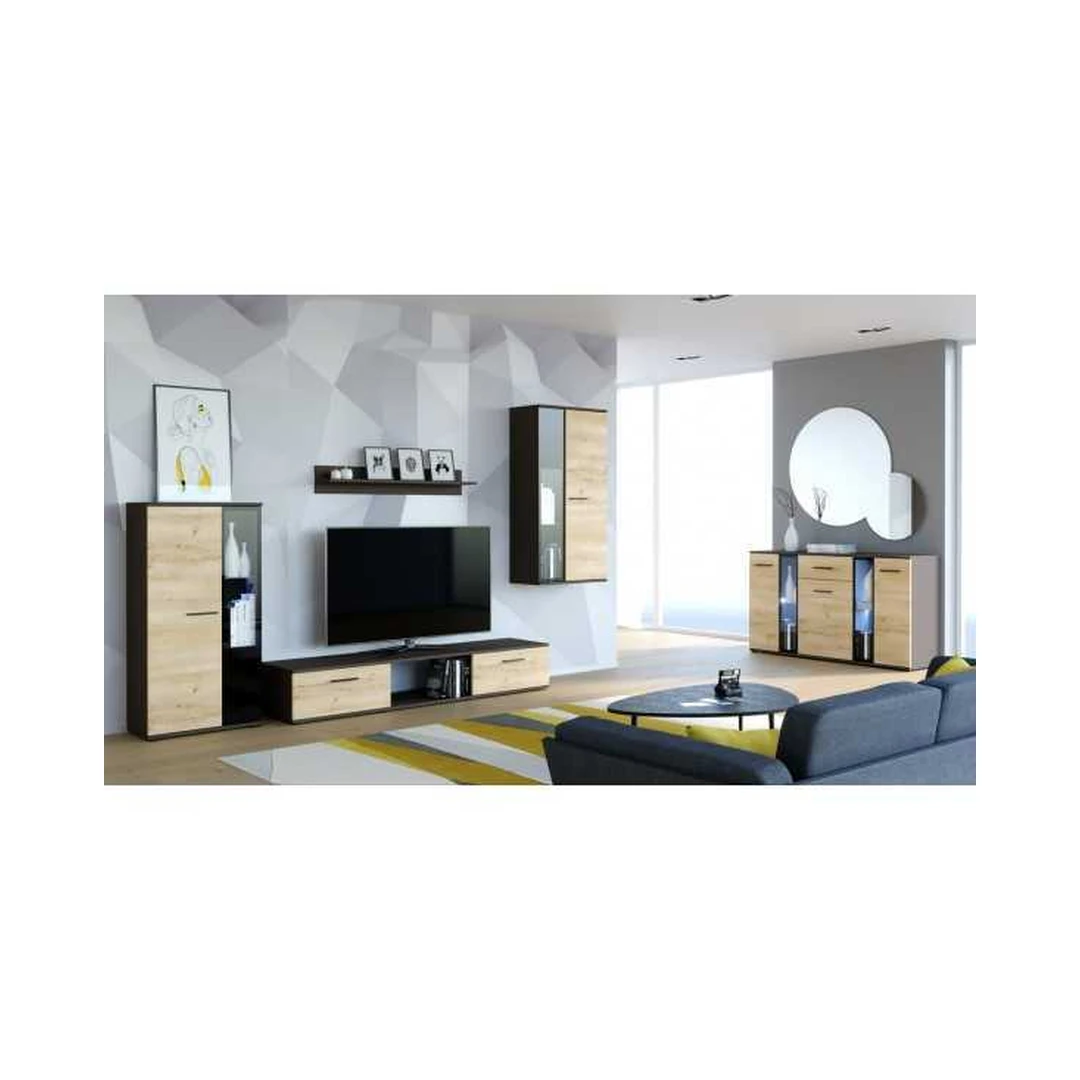 Modernus sieninis blokas su stiklo spintelėmis ir LED apšvietimu