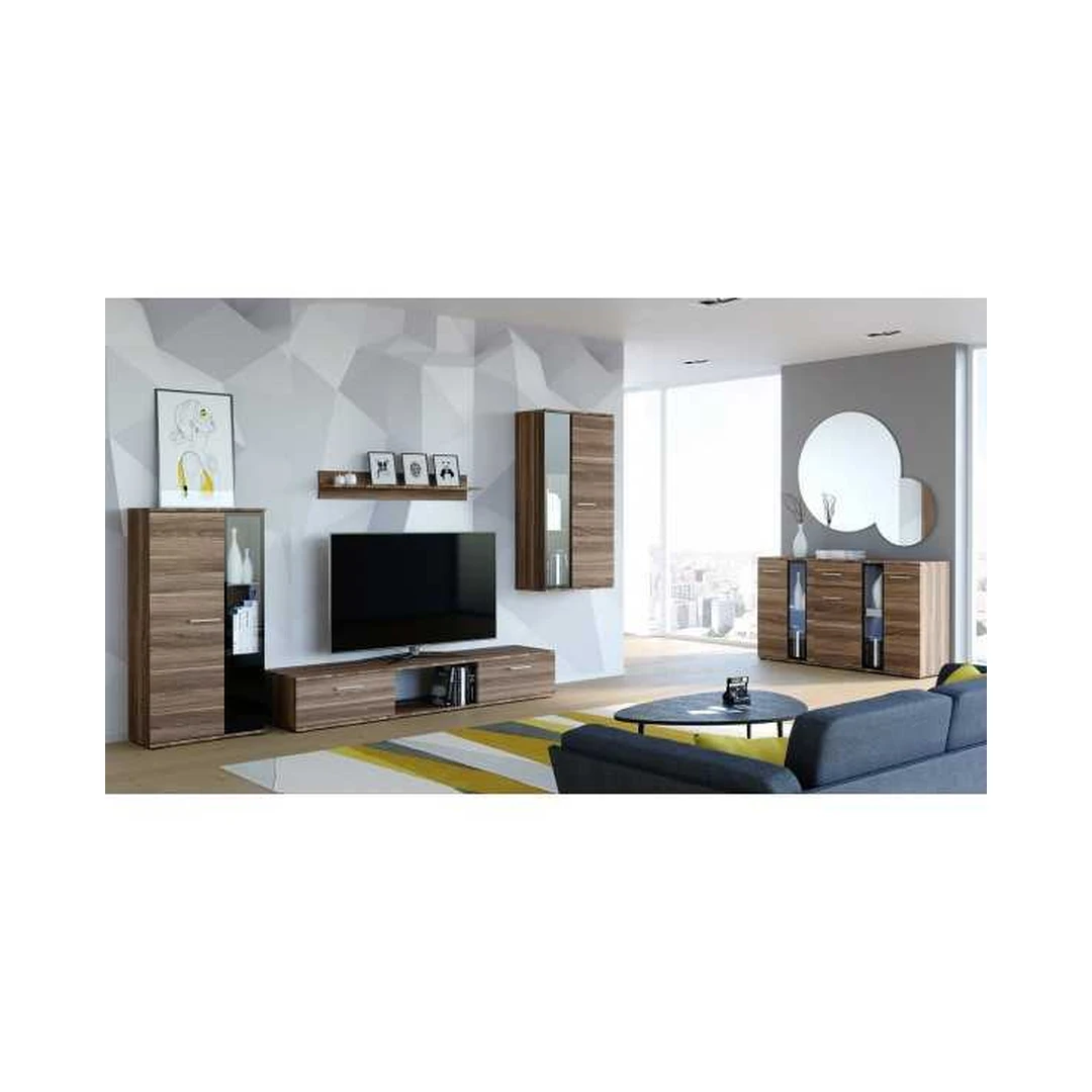 Šiuolaikiškas sieninis blokas su stiklo spintelėmis ir LED apšvietimu