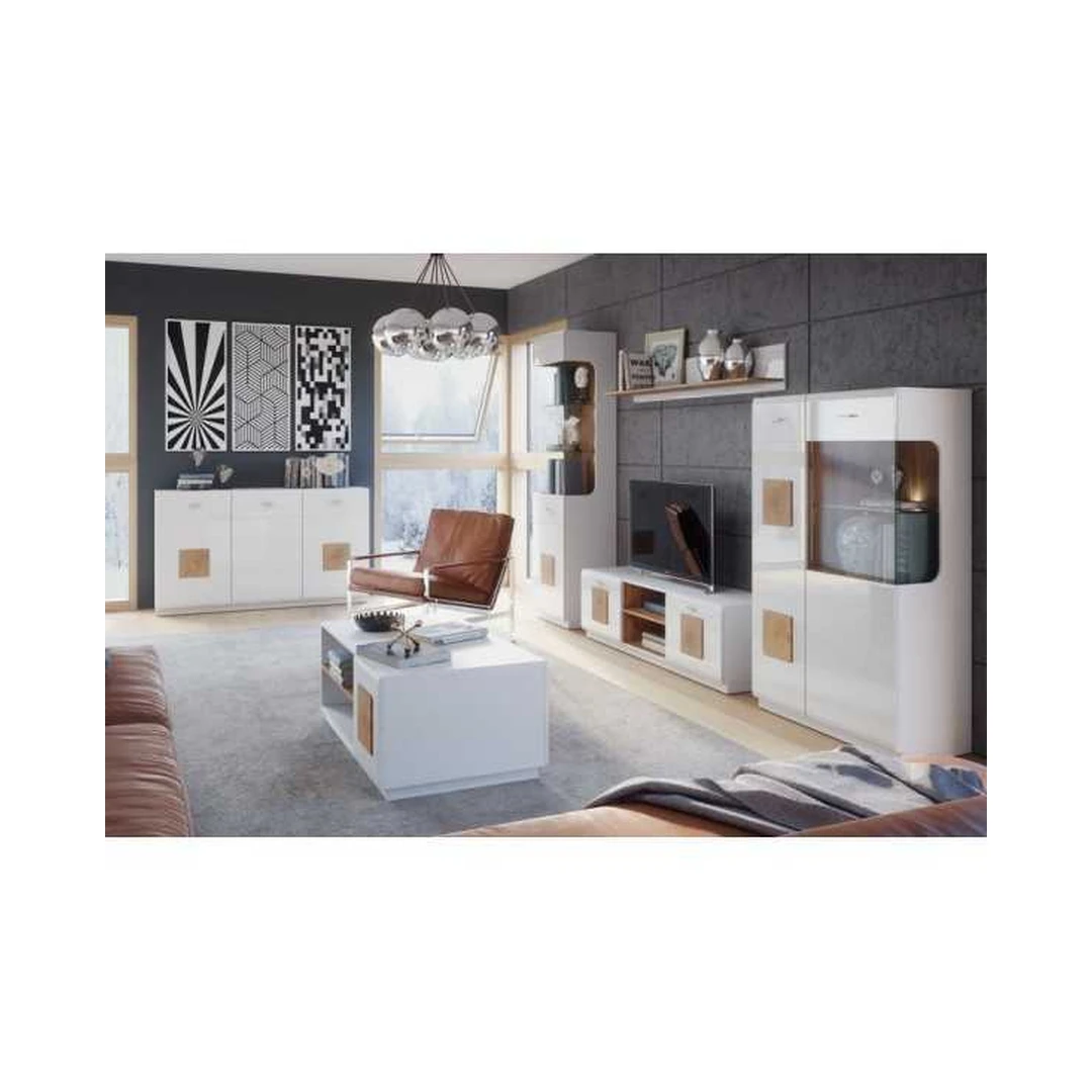 Modernus svetainės komplektas WODIS-1 su grūdintu stiklu ir metalinėmis rankenėlėmis