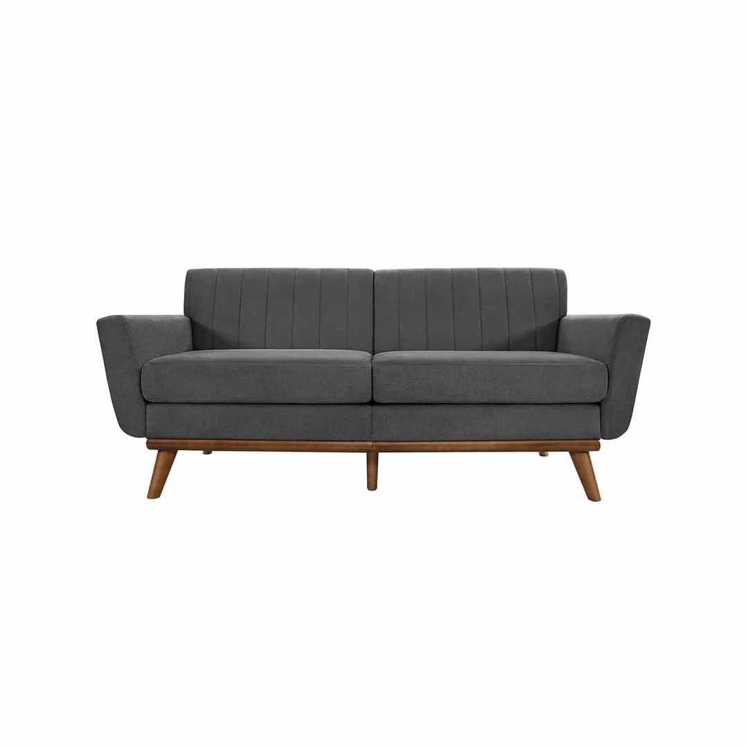 Moderni minimalistinė pilka sofa su medžio pagrindu