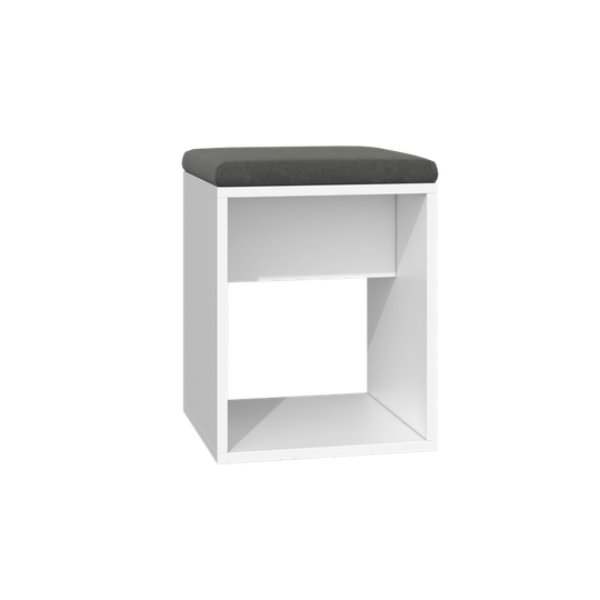 Balta taburetė su pilku paminkštinimu – puikus virtuvės papildymas