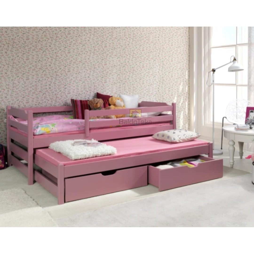 Natūralios pušies lova su rožiniu akrilu ir grotelėmis