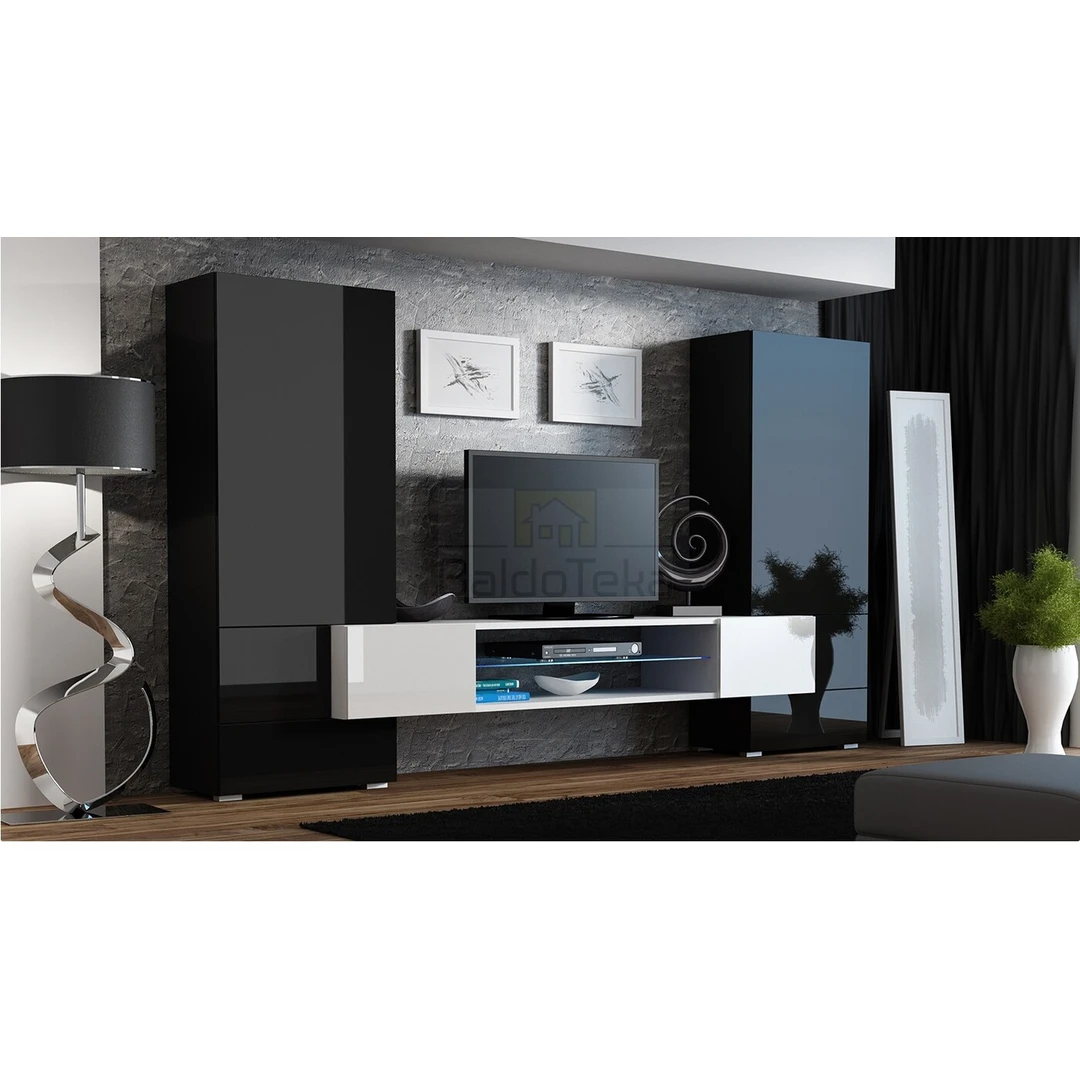 Moderni juoda ir balta TV spinta su apšvietimu