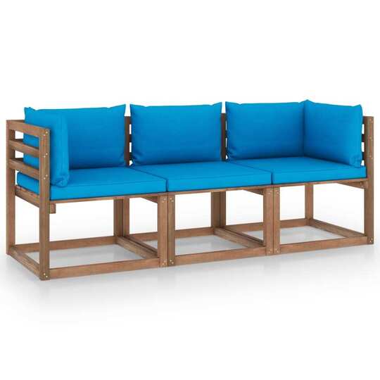 Trivietė sodo sofa iš palečių su mėlynomis pagalvėlėmis, eglė - Foteliai, sofos