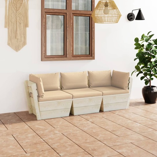 Trivietė sodo sofa iš palečių su pagalvėlėmis, eglės mediena, kreminė - Foteliai, sofos