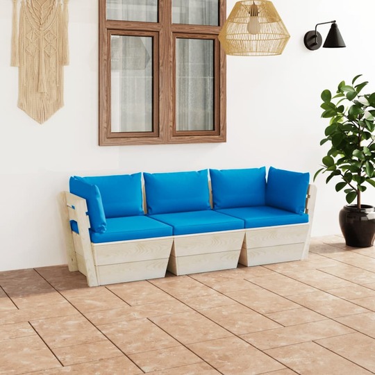 Trivietė sodo sofa iš palečių su pagalvėlėmis, eglės mediena, mėlyna - Foteliai, sofos