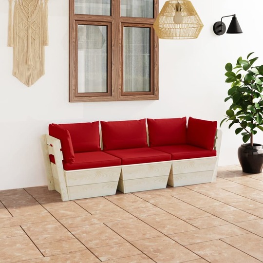 Trivietė sodo sofa iš palečių su pagalvėlėmis, eglės mediena, raudona - Foteliai, sofos