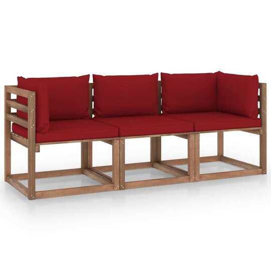 Trivietė sodo sofa iš palečių su raudonomis pagalvėmis, eglė - Foteliai, sofos
