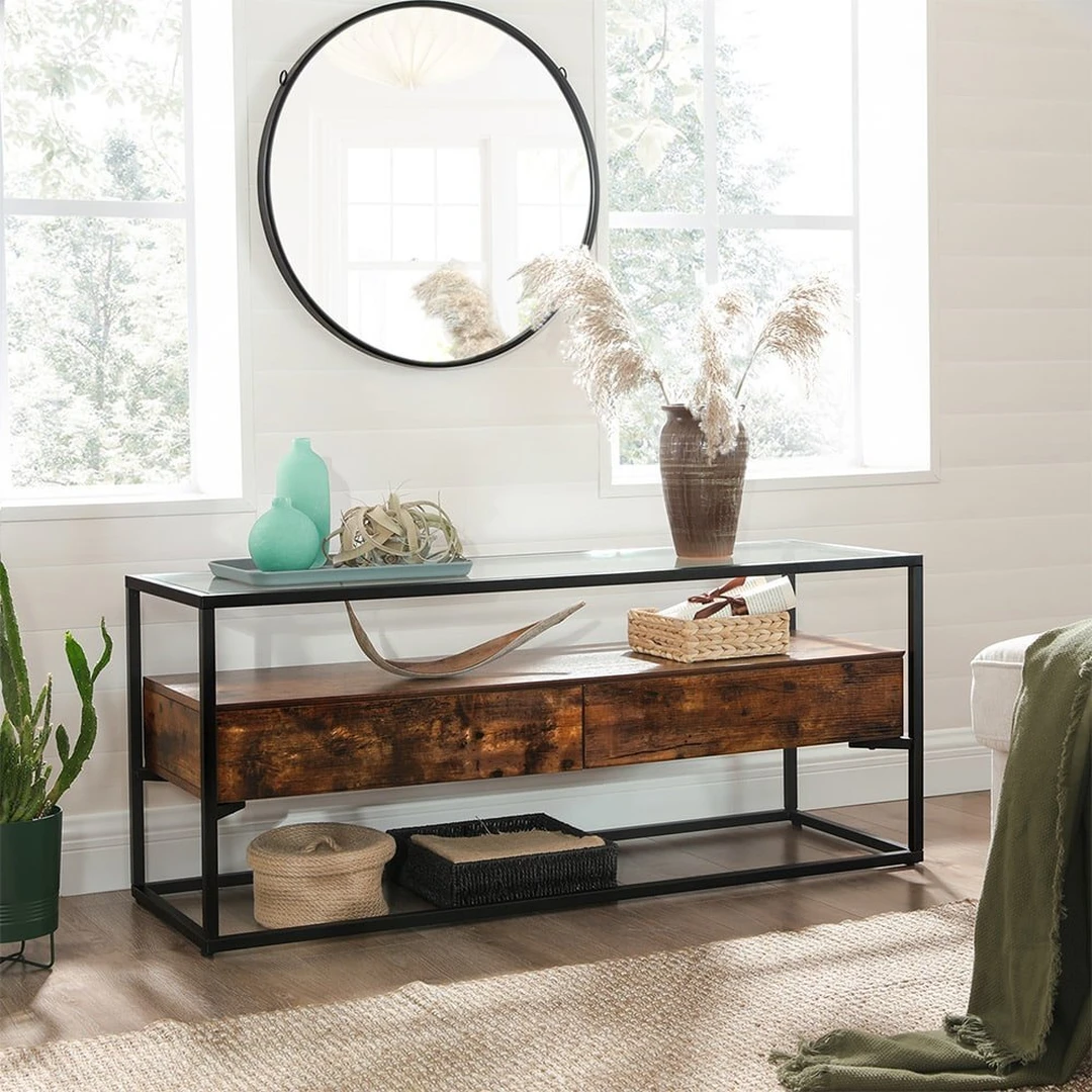 Vintažinė ruda-juoda TV stovas su stikliniu paviršiumi