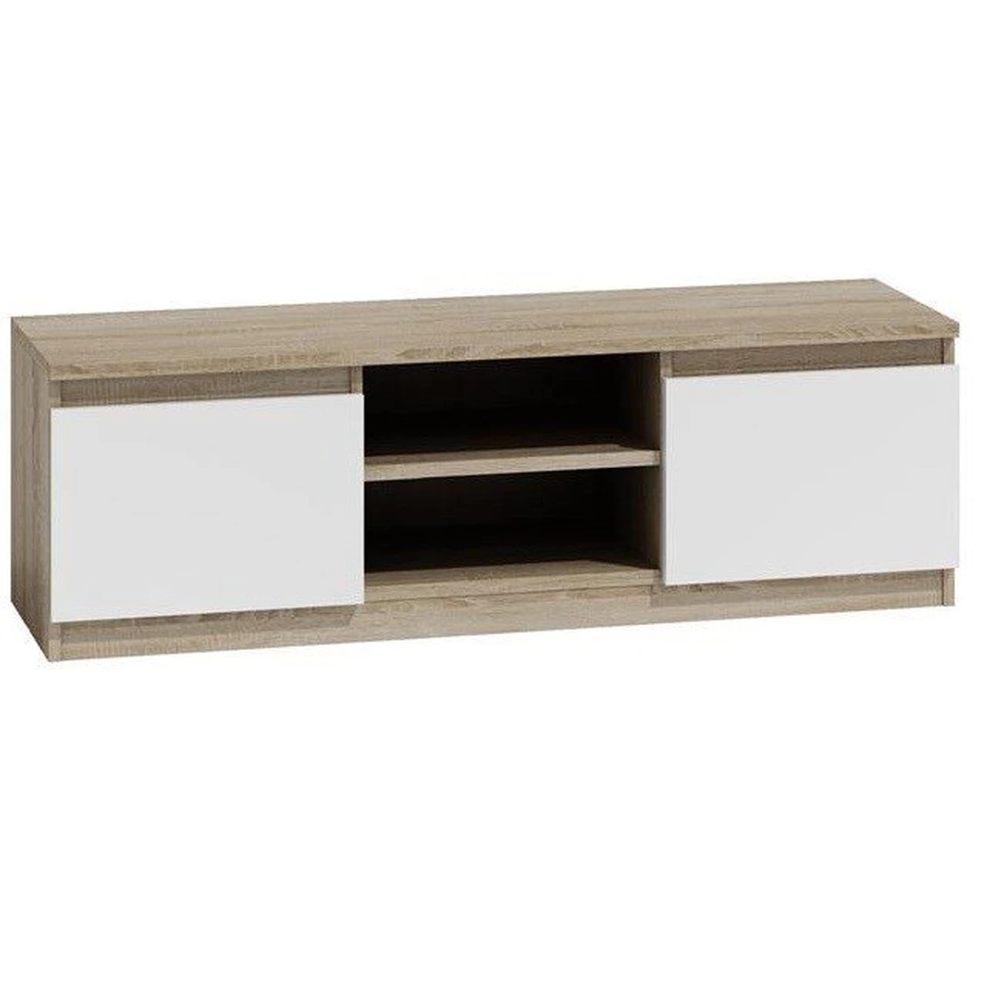 Minimalistinė balta/ąžuolo spintelė su 2 uždarais ir 1 atviru skyriumi