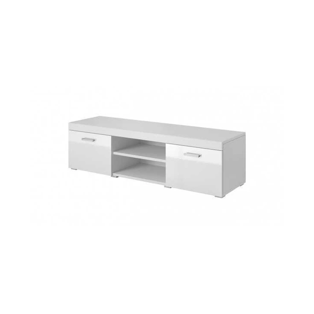 Moderni TV spintelė su baltu blizgiu priekiu ir matiniu karkasu