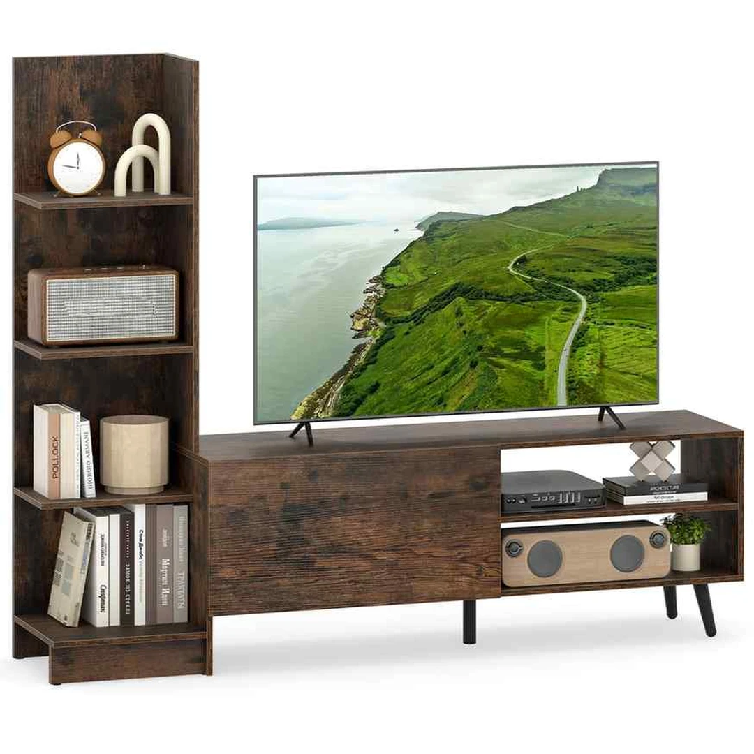 Rudas TV staliukas iki 50 su knygų lentynaTV staliukas 140 cm su 4 pakopų lentyna ir spintelėUniversalus TV stovas iki 50 colių su saugojimo vieta