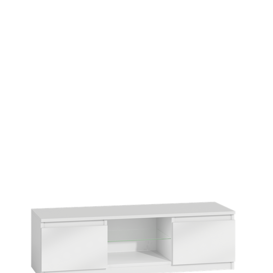 Šiuolaikiškas baltas TV staliukas su stikline lentyna