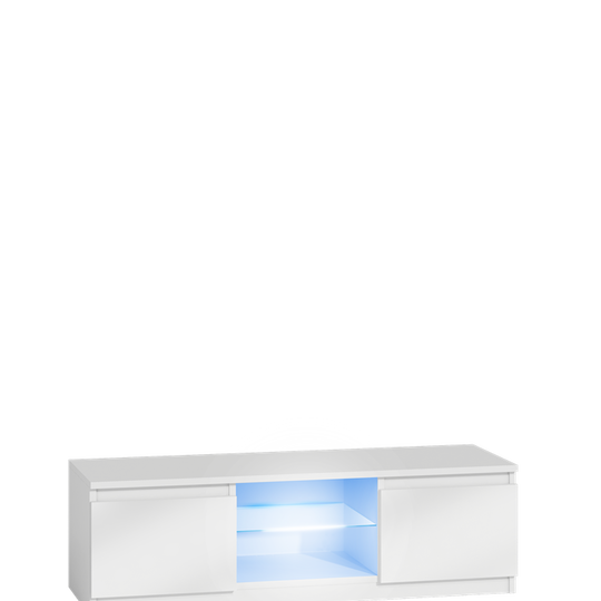 Šiuolaikiškas baltais TV staliukas su stikline lentyna