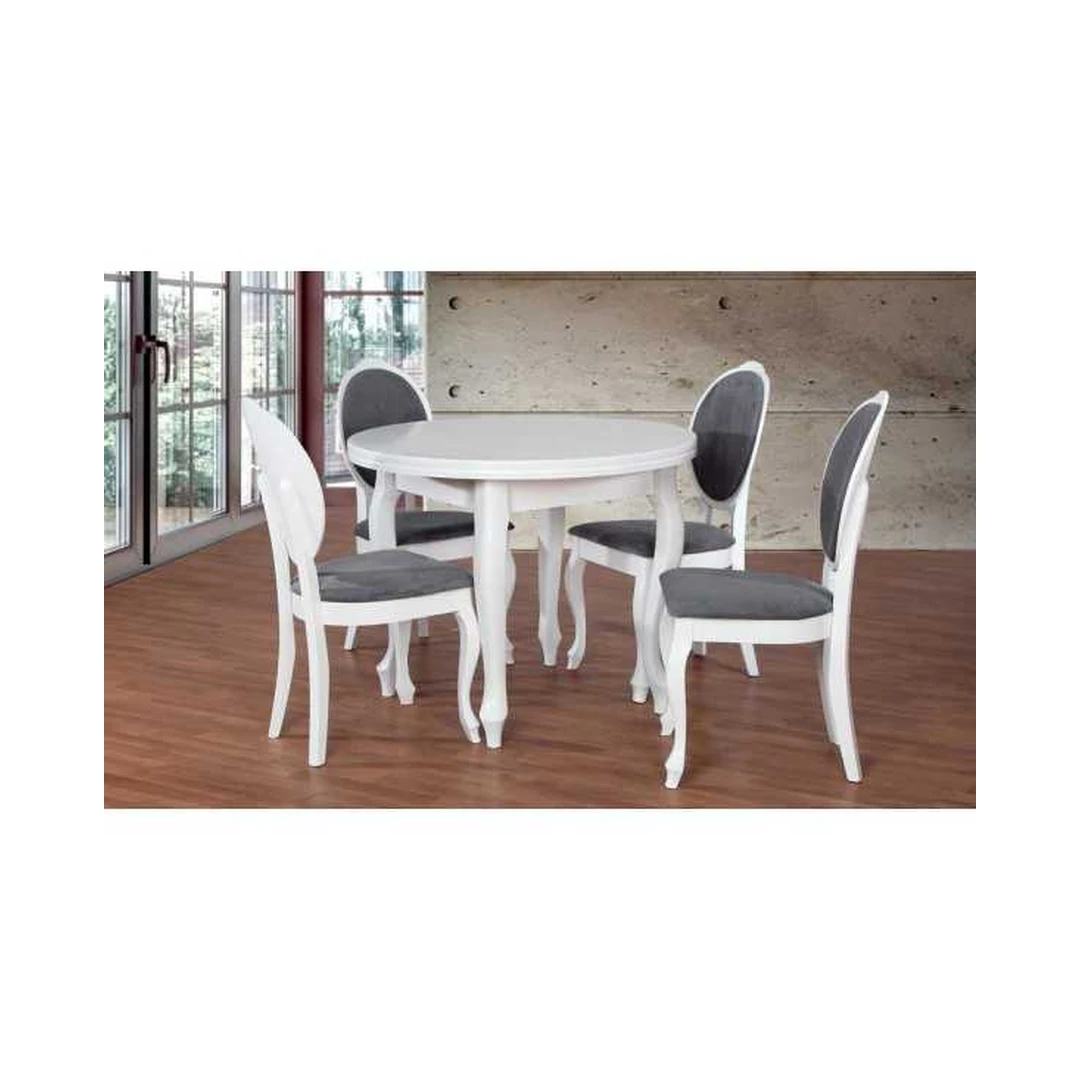 Apvalus prailginamas stalas su faneruotu stalviršiu ir riestomis kojomis