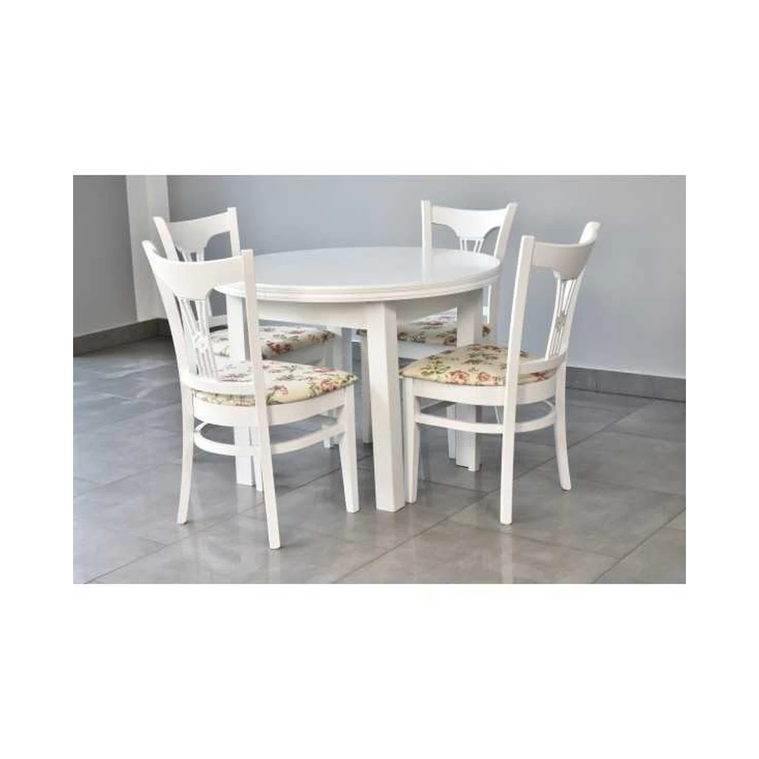 Elegantiškas valgomojo komplektas su natūralia mediena ir gobeleno sėdynėmis