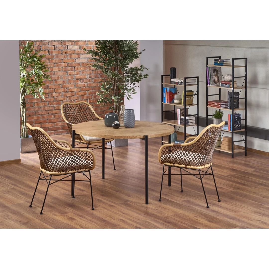 Stilingas apvalus stalas auksinio ąžuolo ir juodų kojų