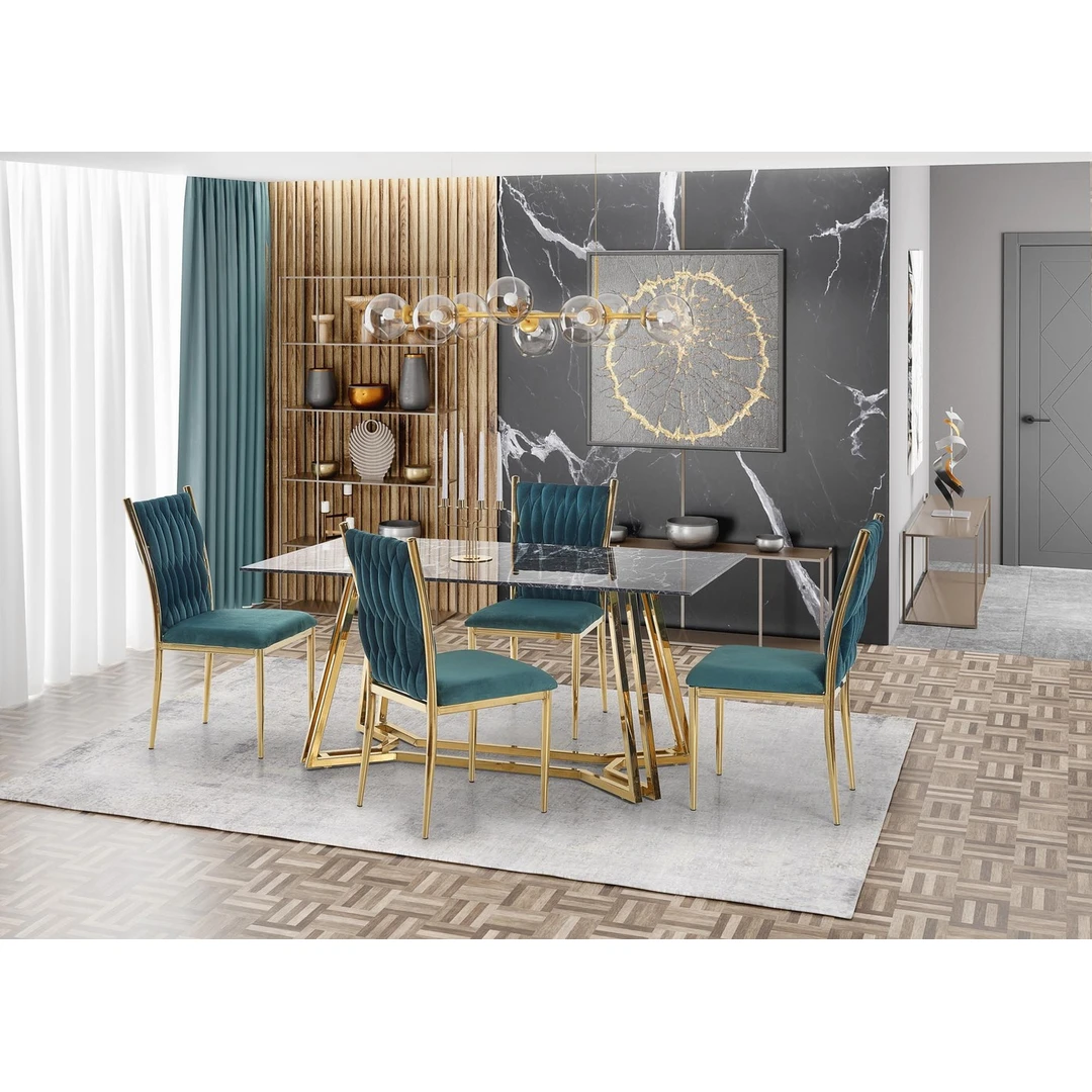 Stilingas stiklinis stalas su juodu marmuru ir auksinėmis kojomis