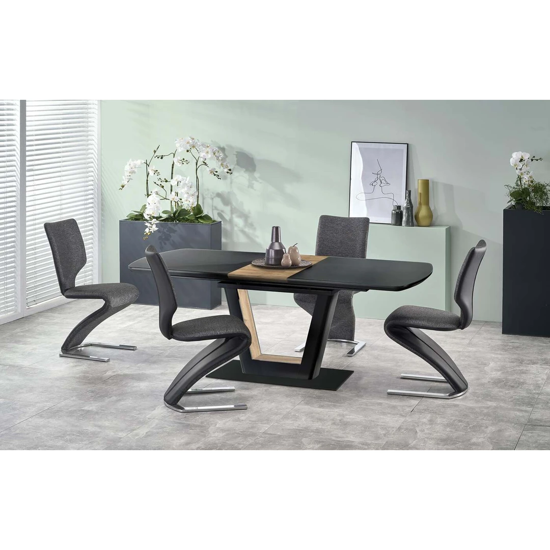 Prašmatnus prailginamasis stalas su stiklo ir MDF viršūne