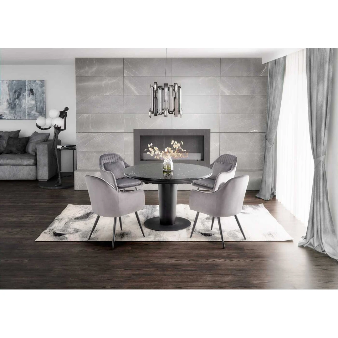 Prašmatnus prailginamas stalas su marmuro viršumi ir juodomis kojomis