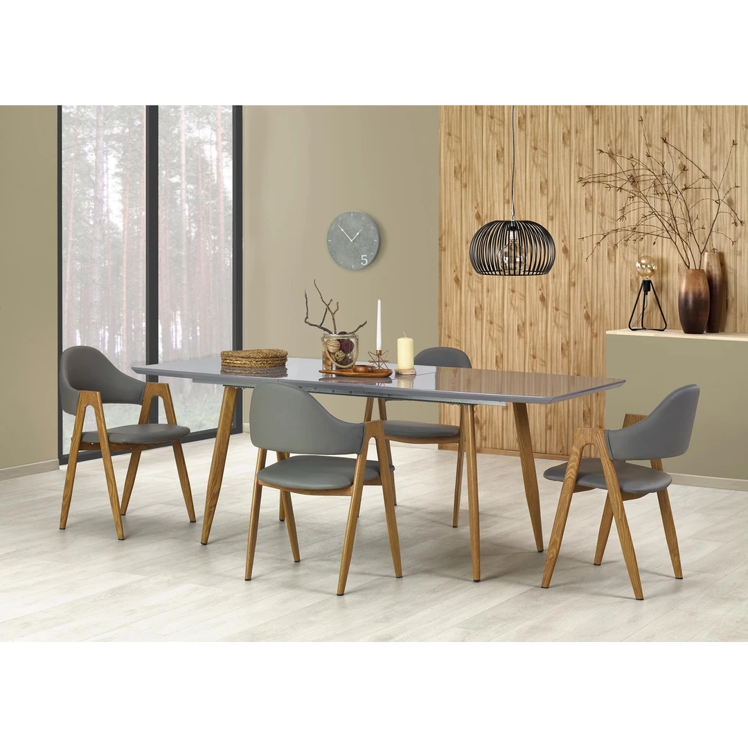 Prailginamasis stalas 160-200 cm, pilkas viršus, medaus ąžuolo kojos