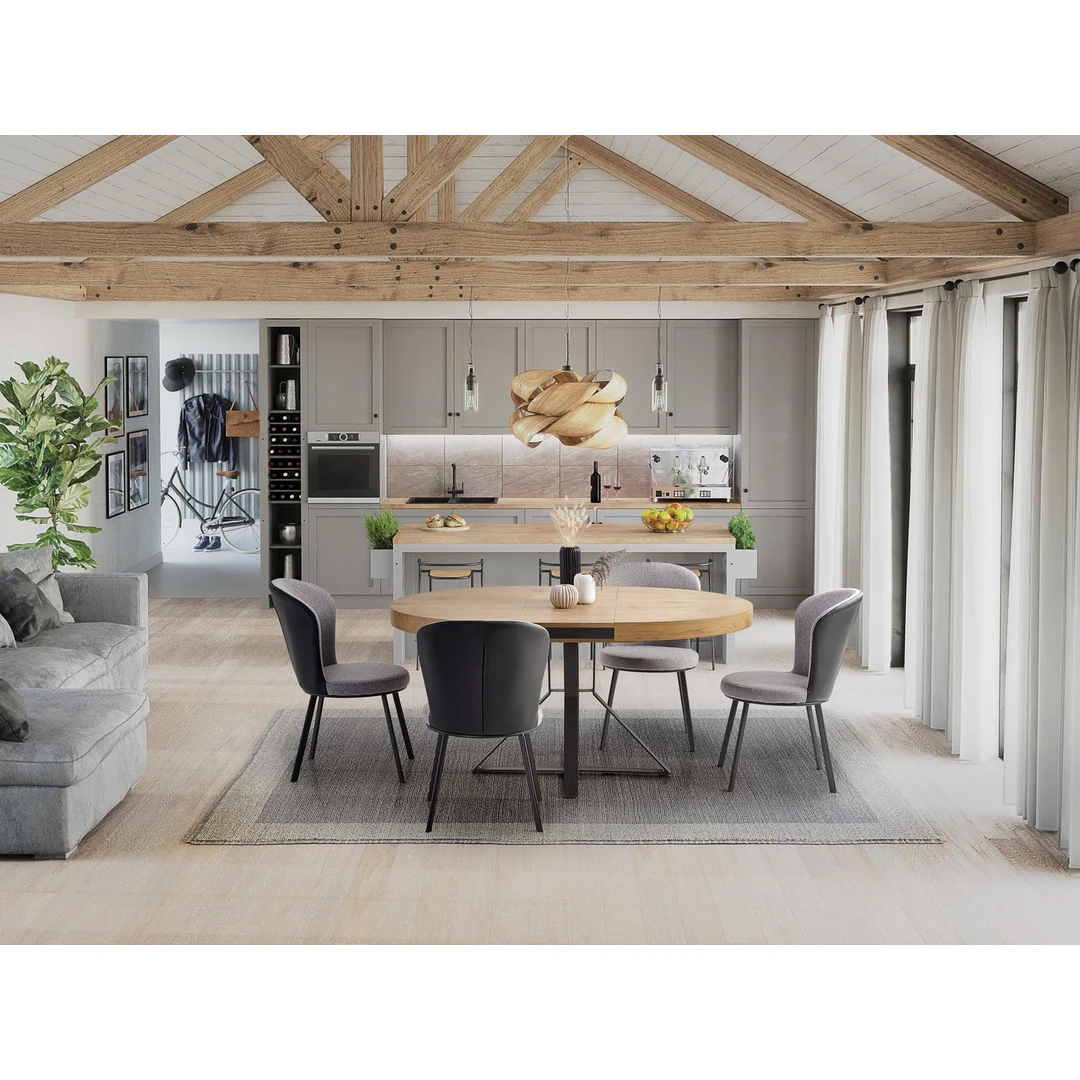 Prailginamasis stalas auksinis ąžuolas su juodomis kojomis