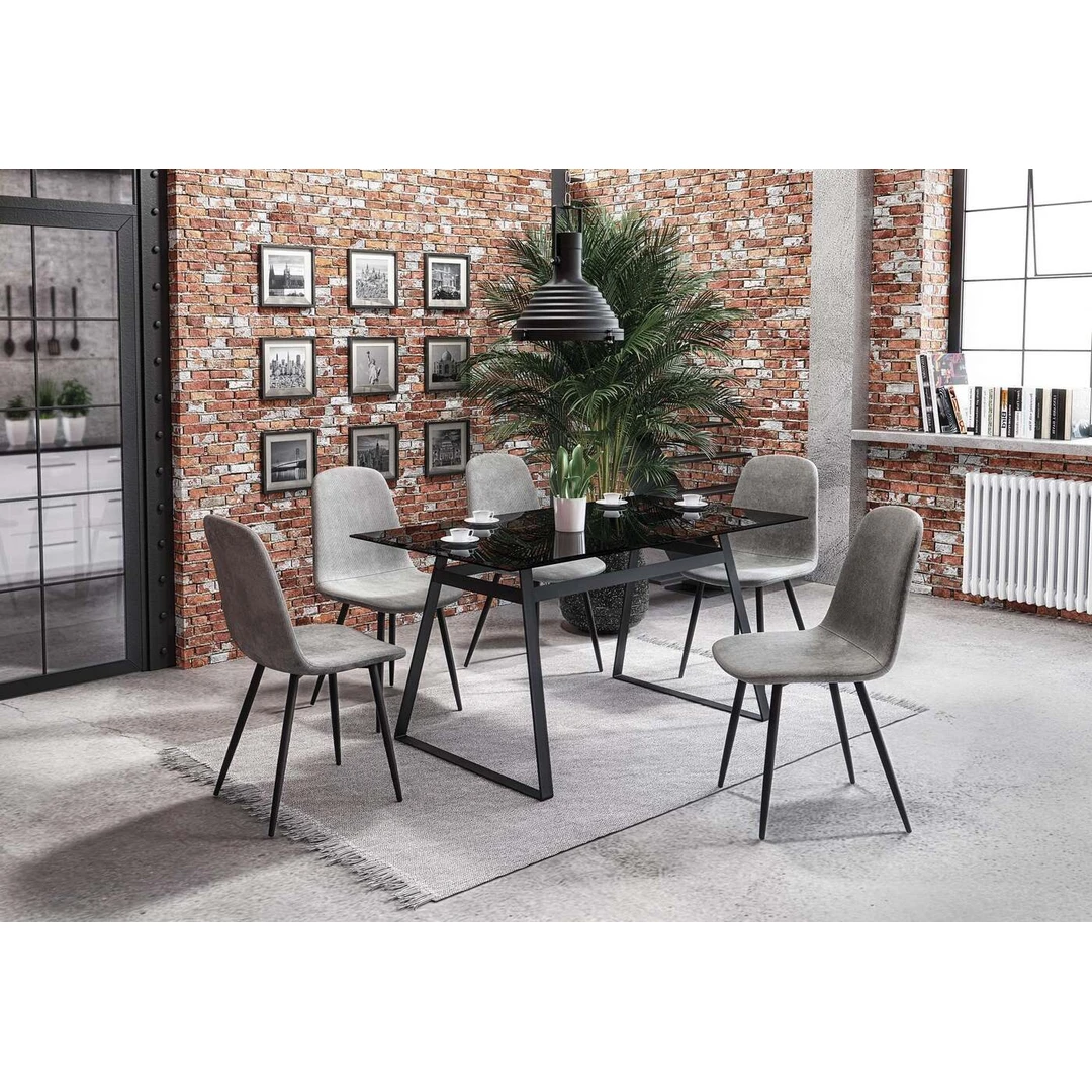 Stilingas stiklinis stalas su rūkytu viršumi ir juodomis kojomis