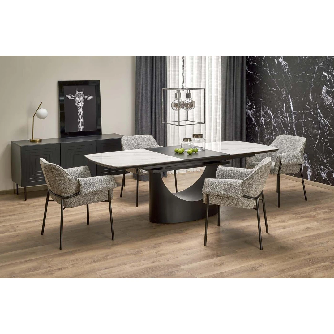 Prailginamas stalas su keraminiu viršumi ir juodomis kojomis