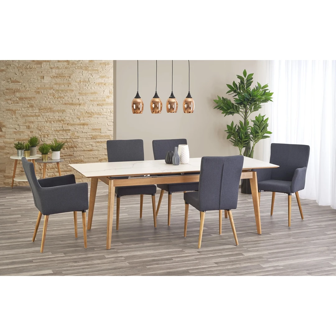 Prailginamas stalas 180-220 cm, keraminis viršus, medžio masyvo kojos