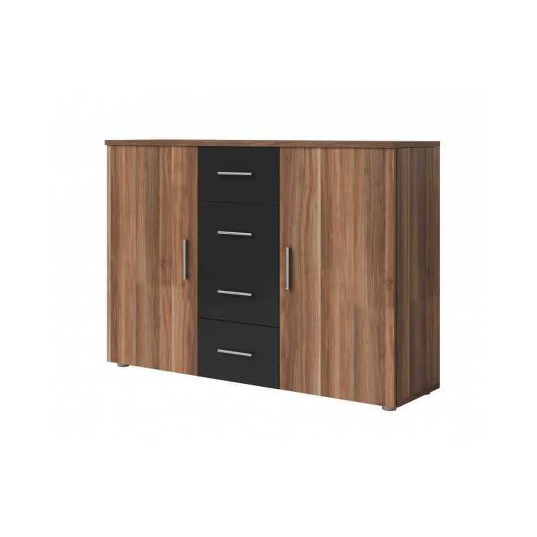 Elegantiška riešutmedžio spalvos komoda su juodais akcentais