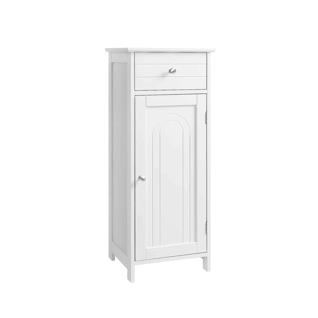 Baltos vonios spintelės su stalčiumi ir reguliuojamomis lentynomis