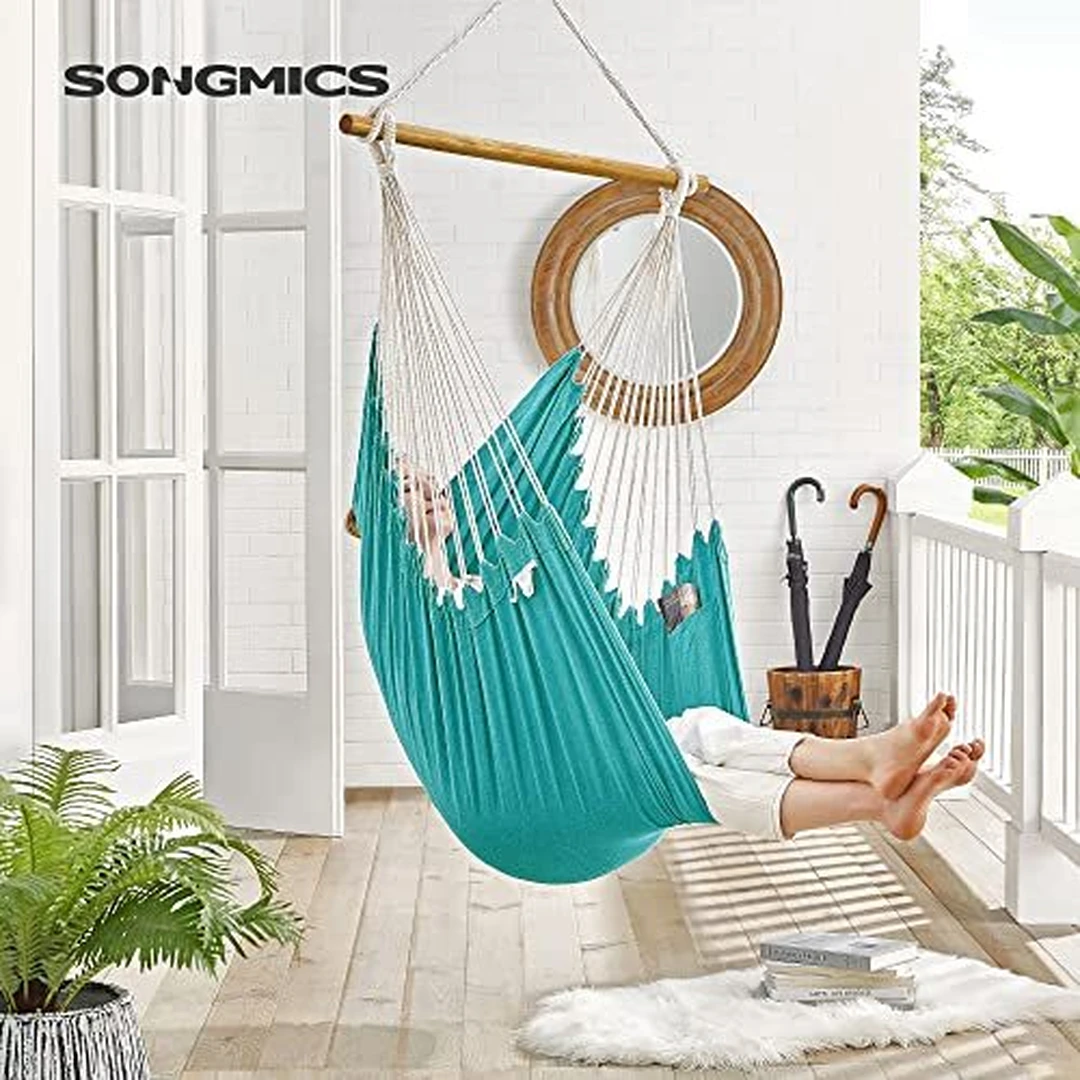 Turkio spalvos pakabinama kėdė su pagalvėlėmis